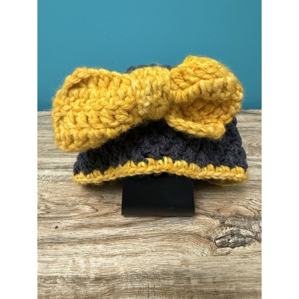 Quirky Funky Hand Knit Beanie Beret Winter Hat With Large Bow Wms Gray Yellow